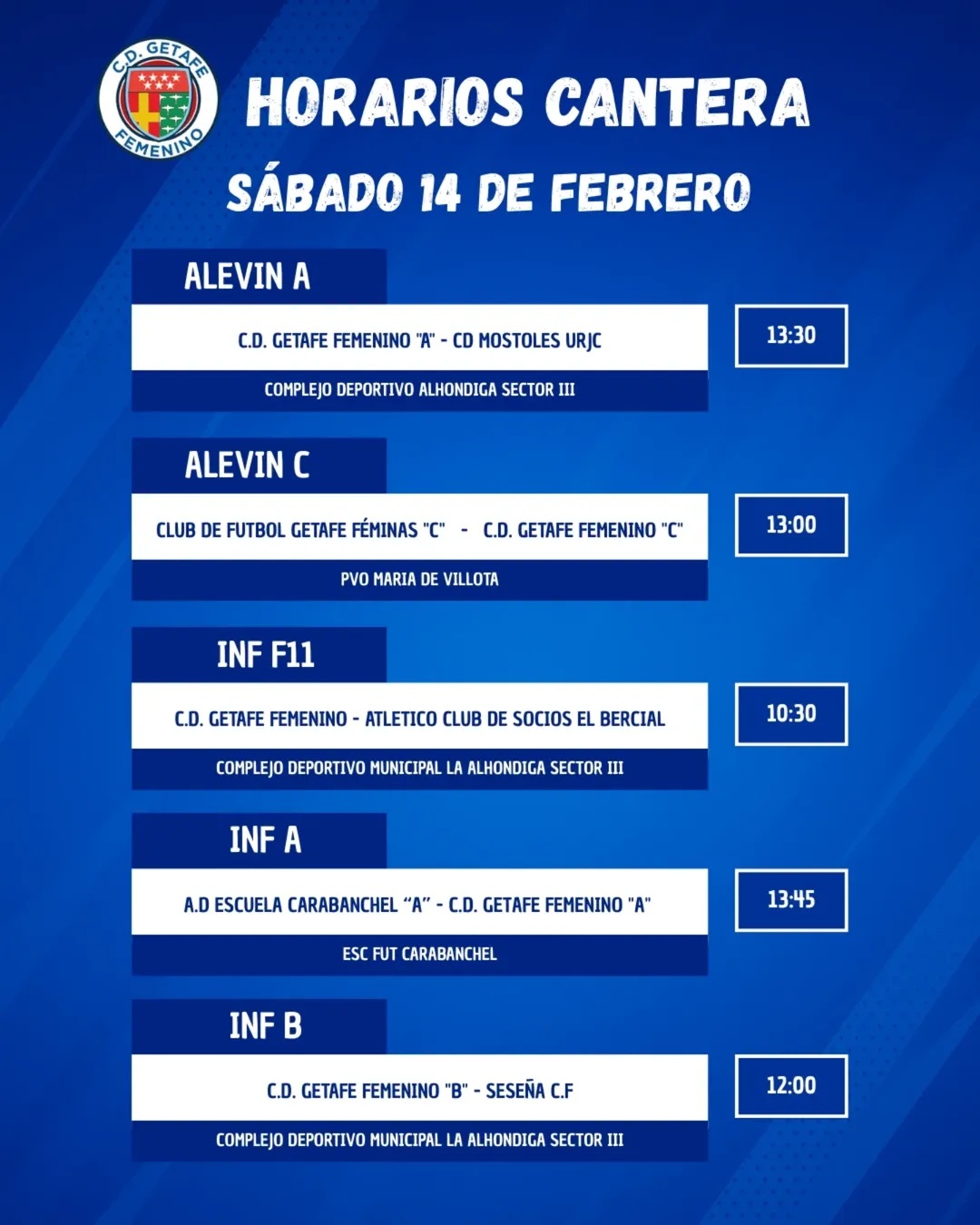 Horarios Cantera 14 de febrero