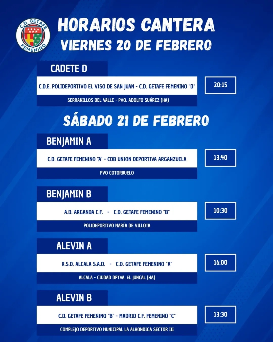 Horarios Cantera 21 de Febrero