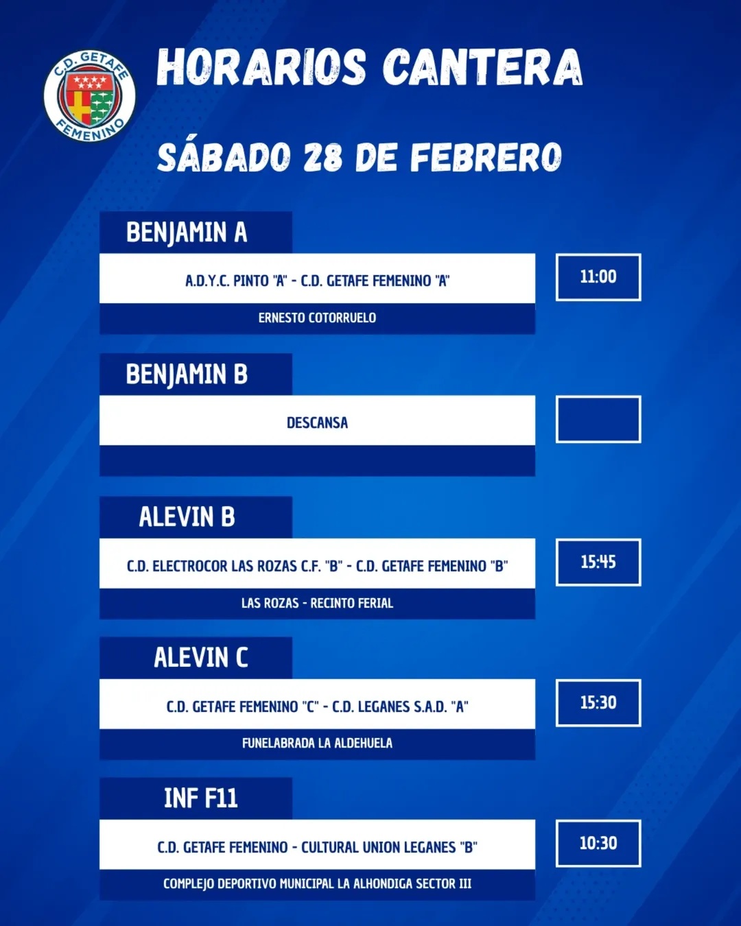 Horarios Cantera 28 de febrero