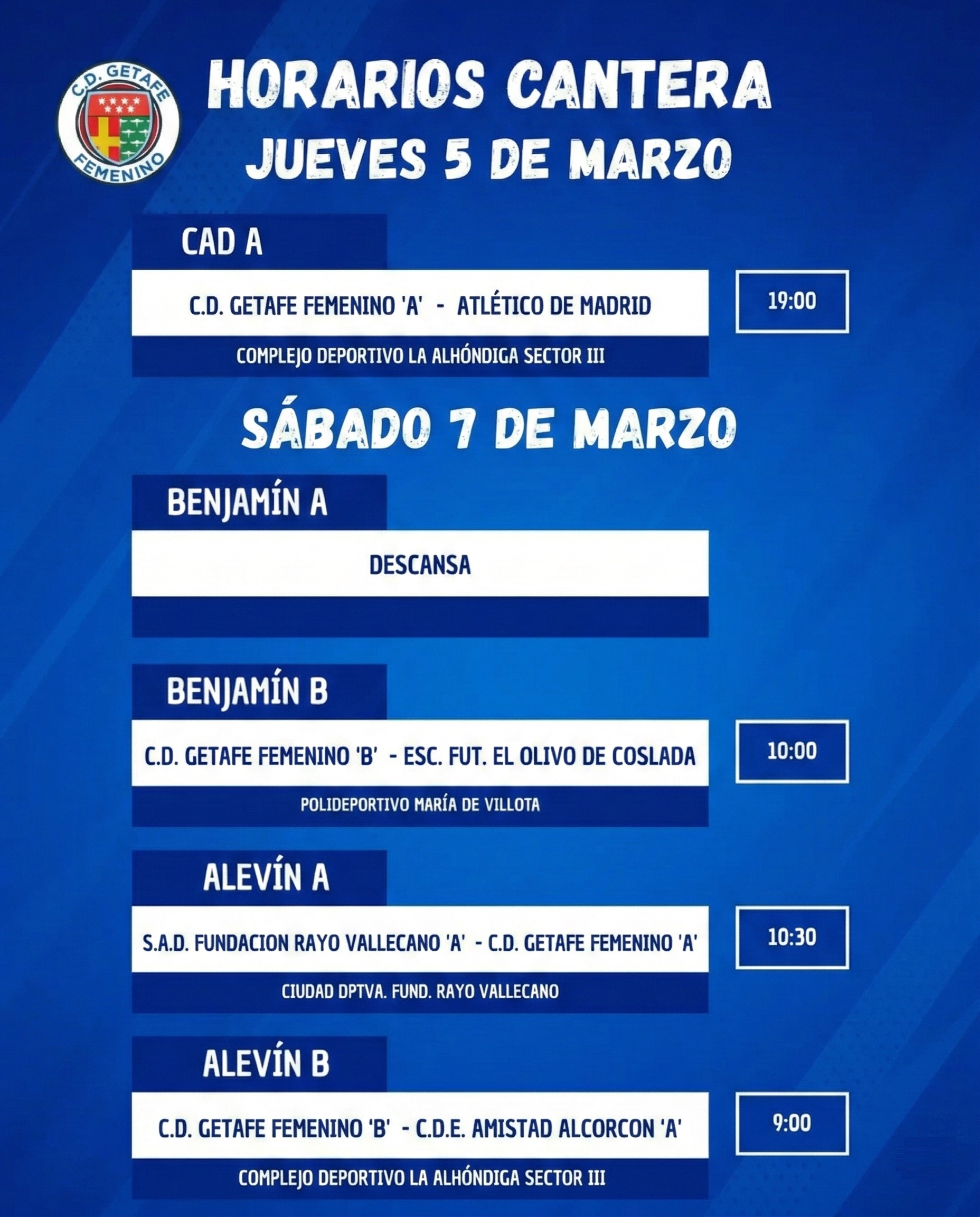 Horarios Cantera 5 y 7 marzo