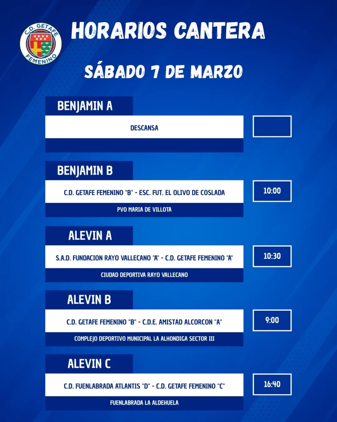 Horarios Cantera 7 marzo