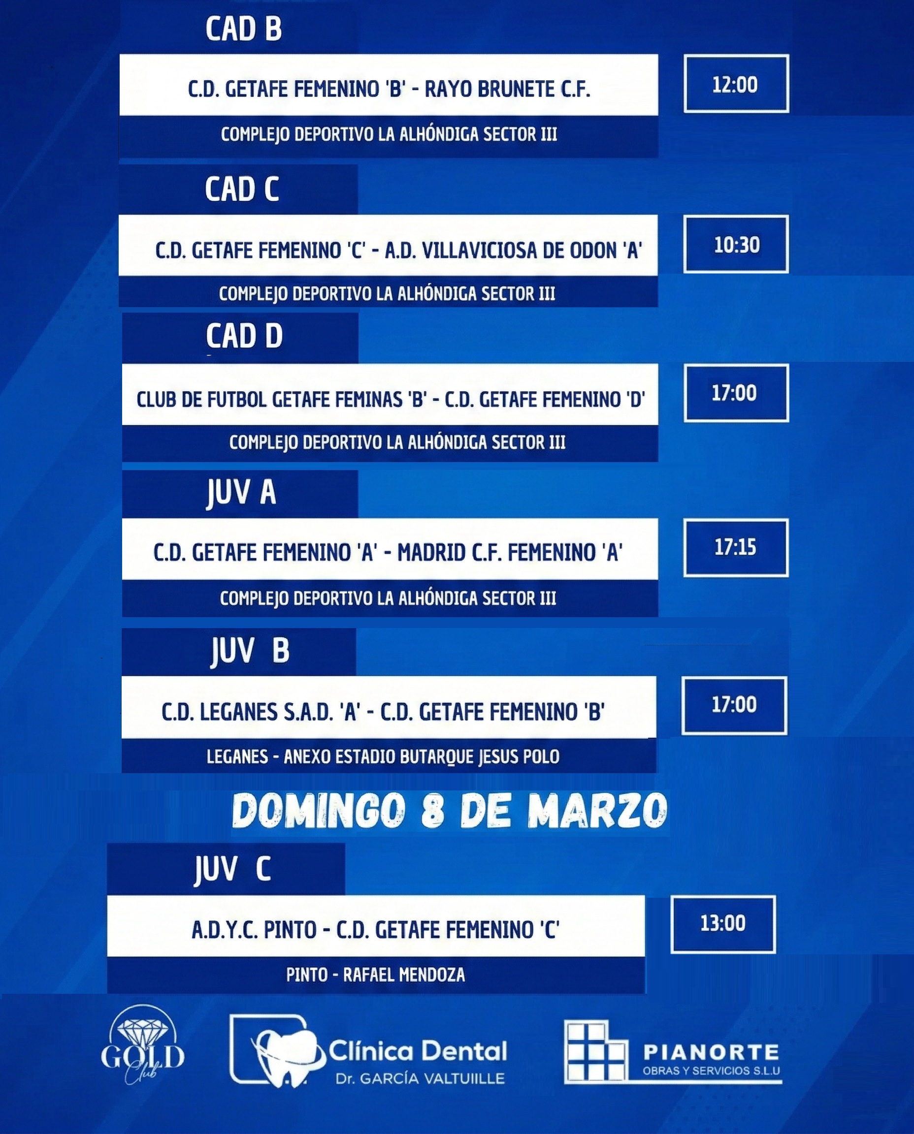 Horarios Cantera 7 y 8 marzo
