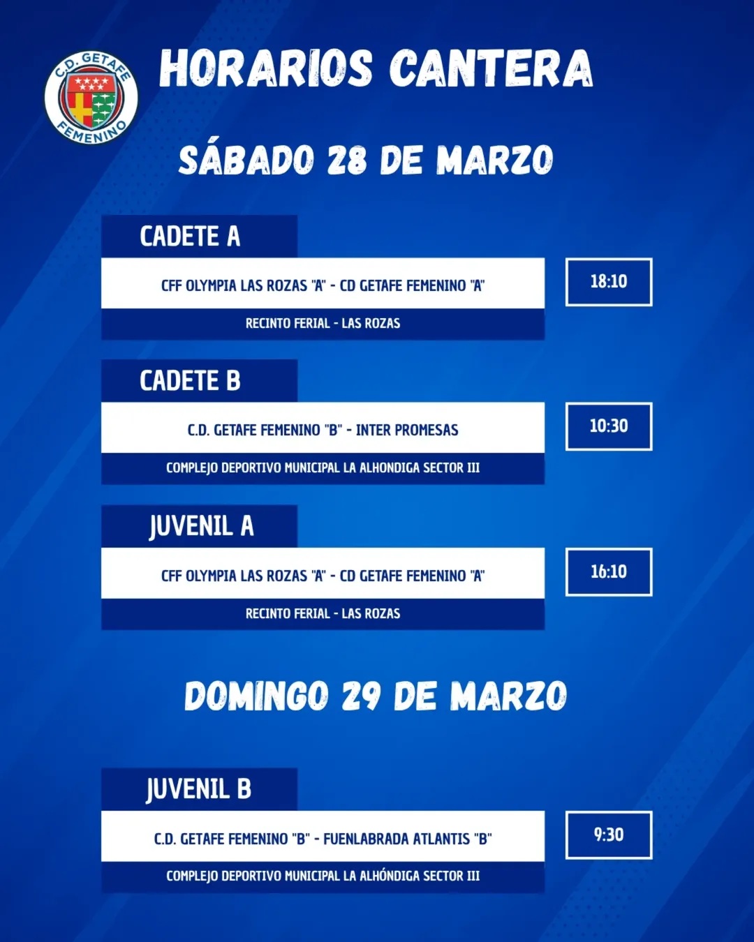 Horarios Cantera 28-29 marzo