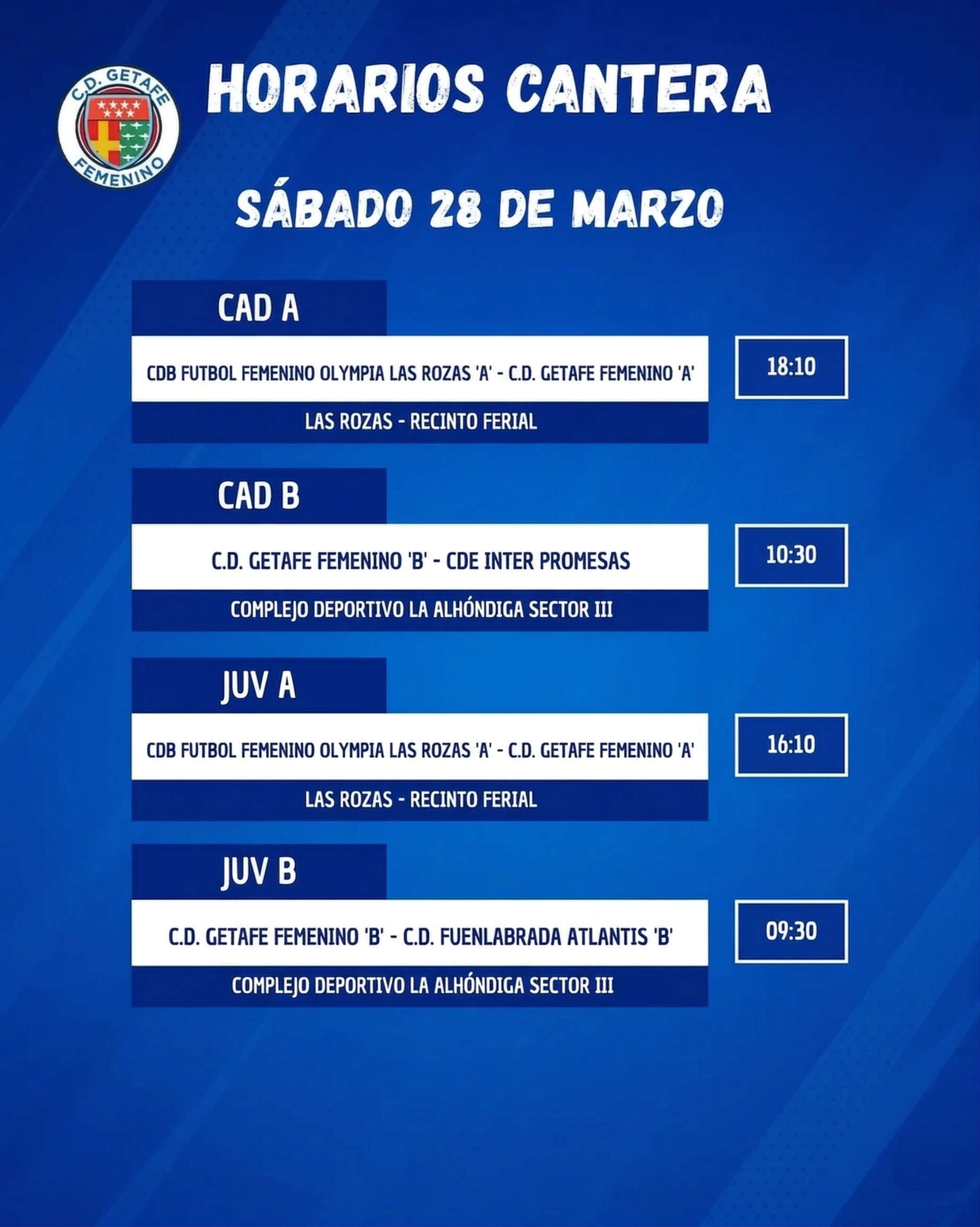 Horarios Cantera 28 marzo