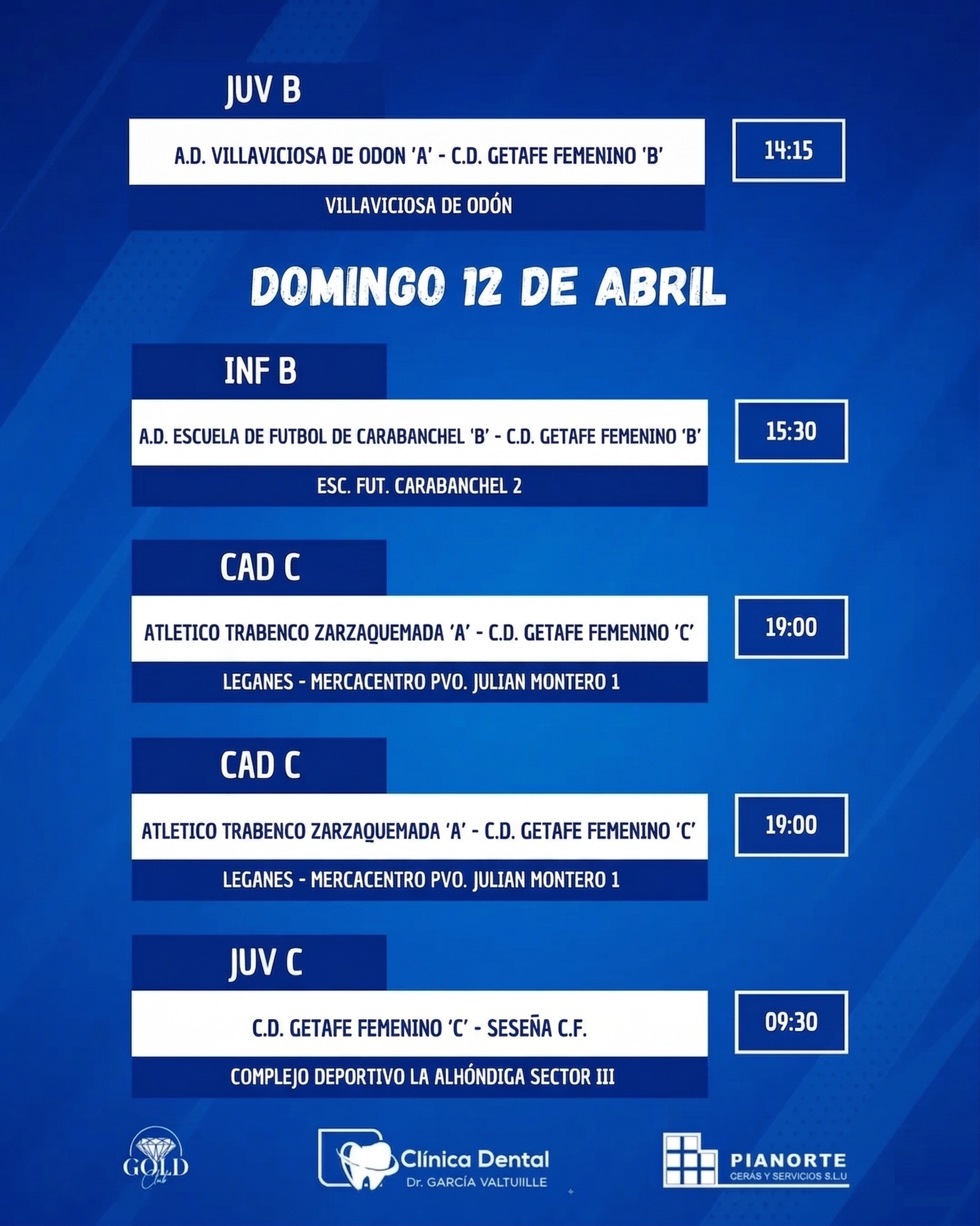 Horarios Cantera 11 y 12 abril