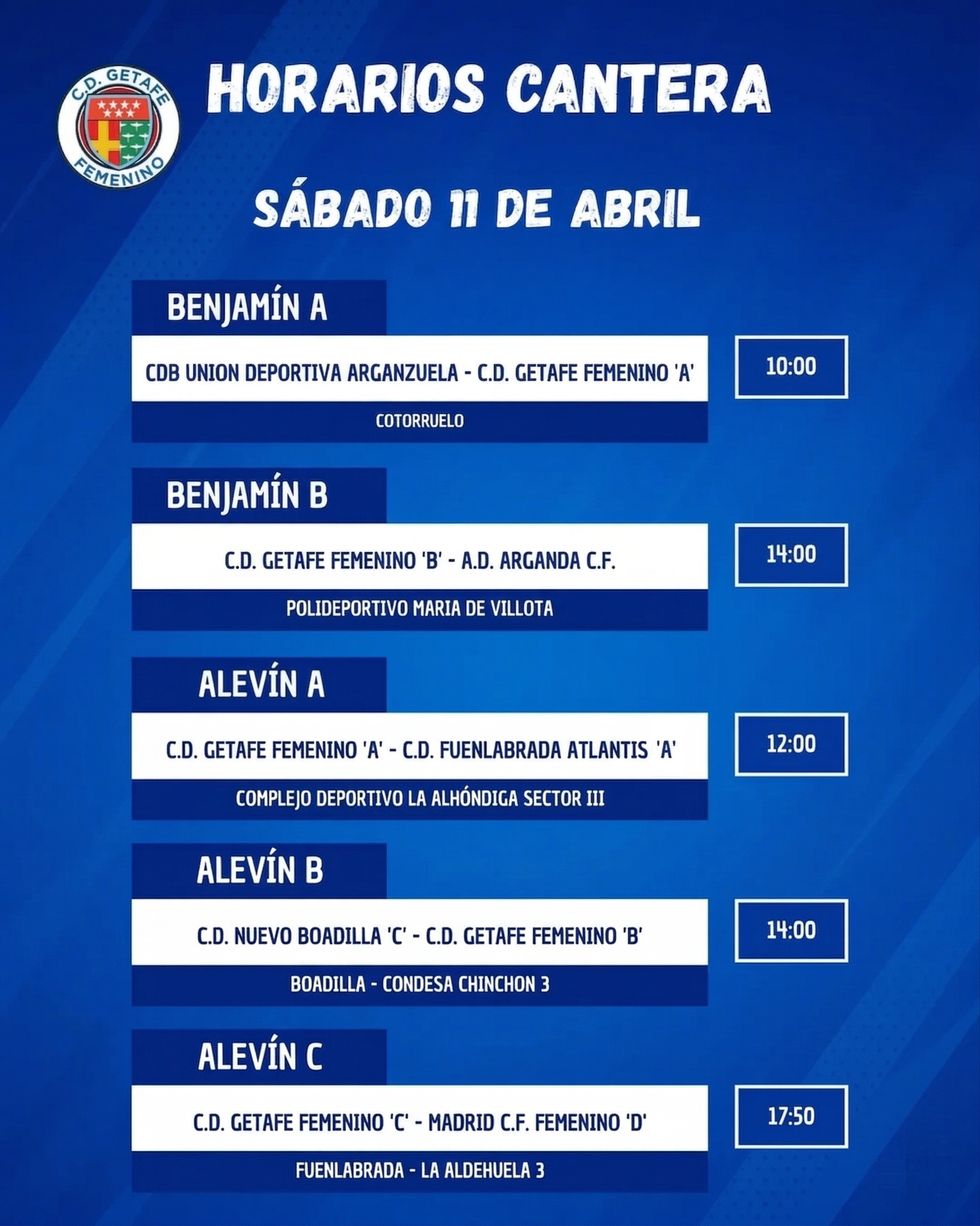 Horarios Cantera 11 abril