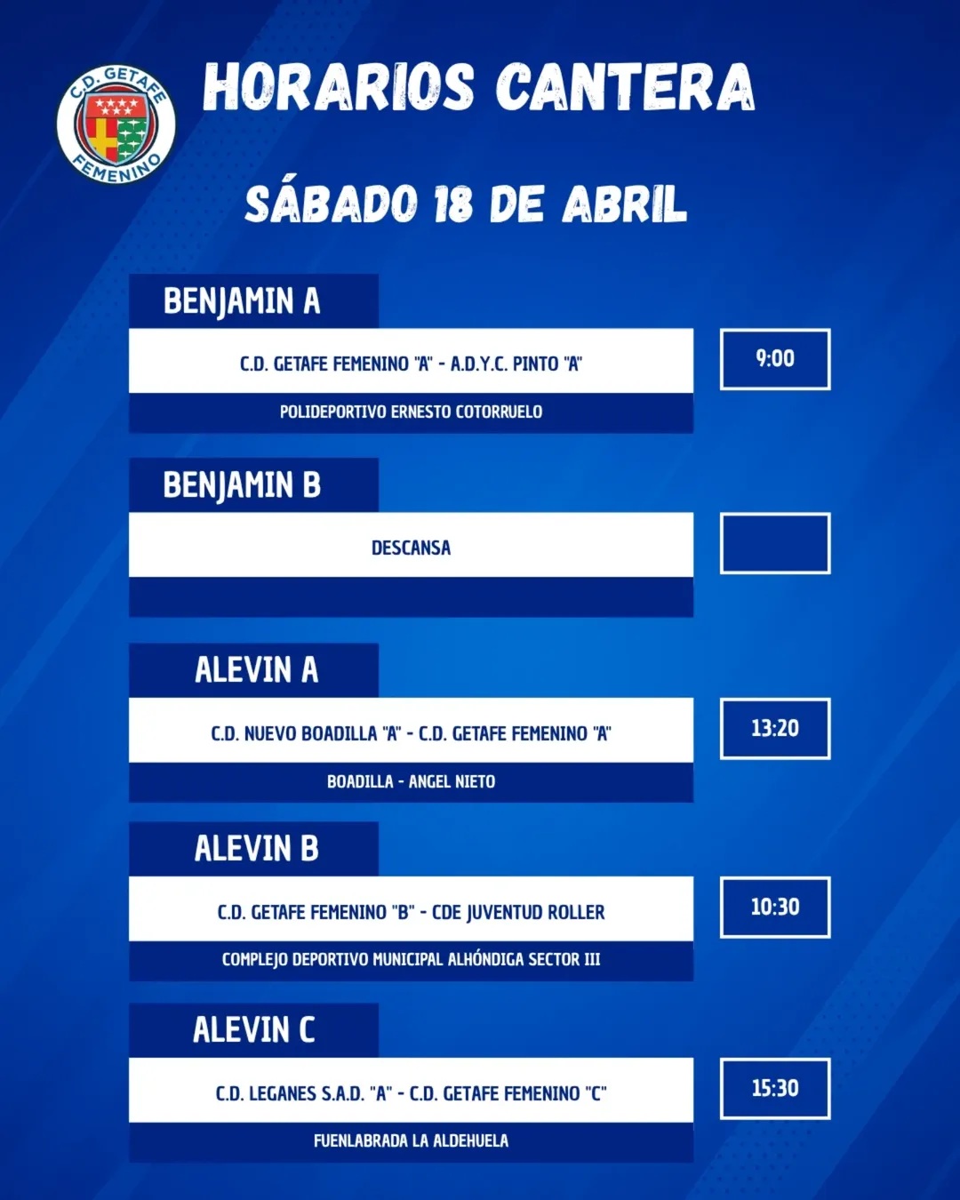 Horarios Cantera 18 abril