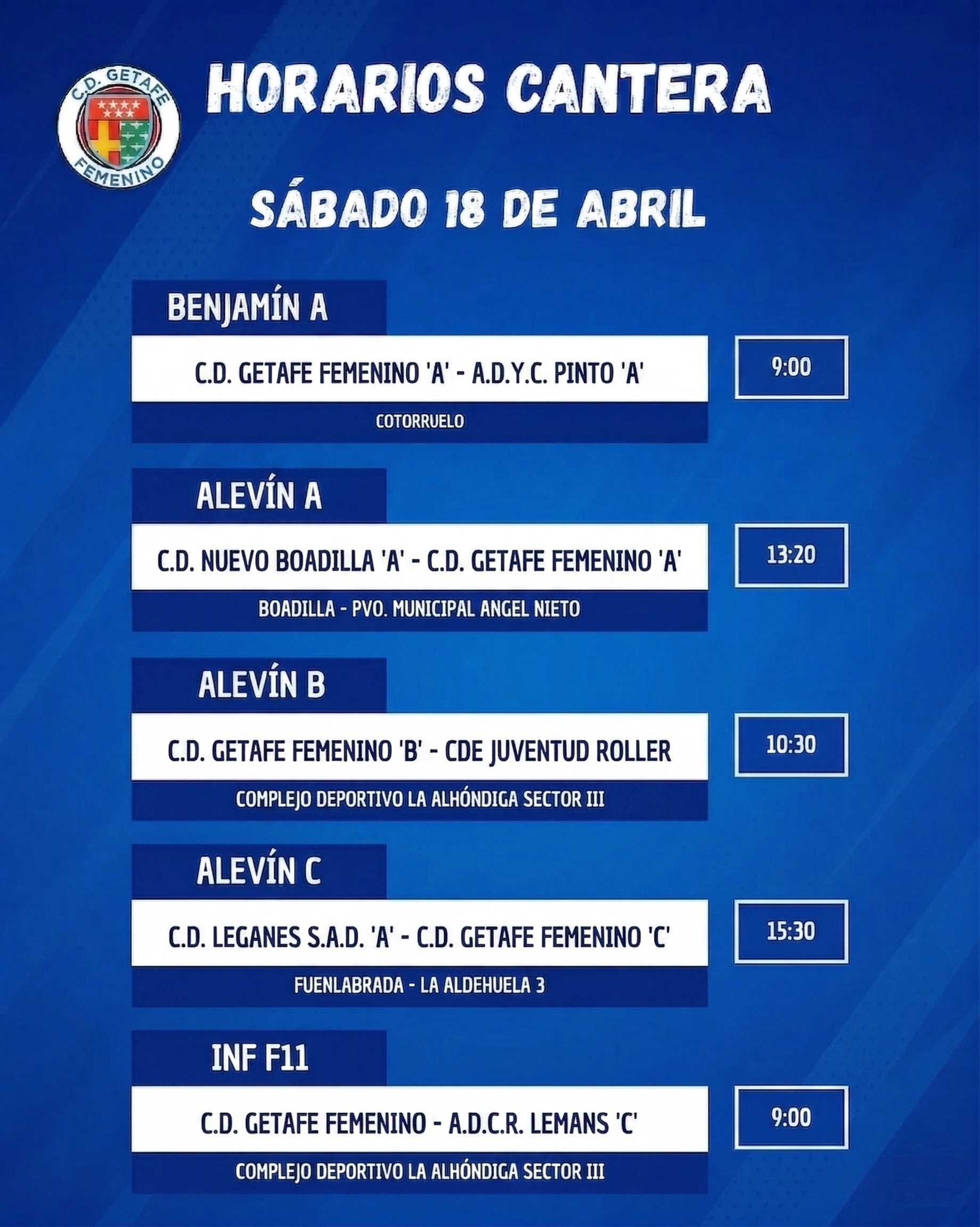 Horarios Cantera 18 abril