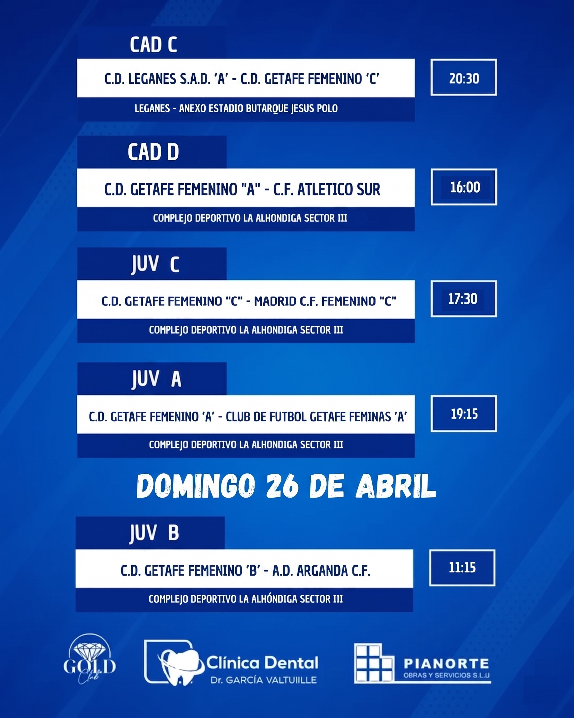 Horarios Cantera 25-26 abr