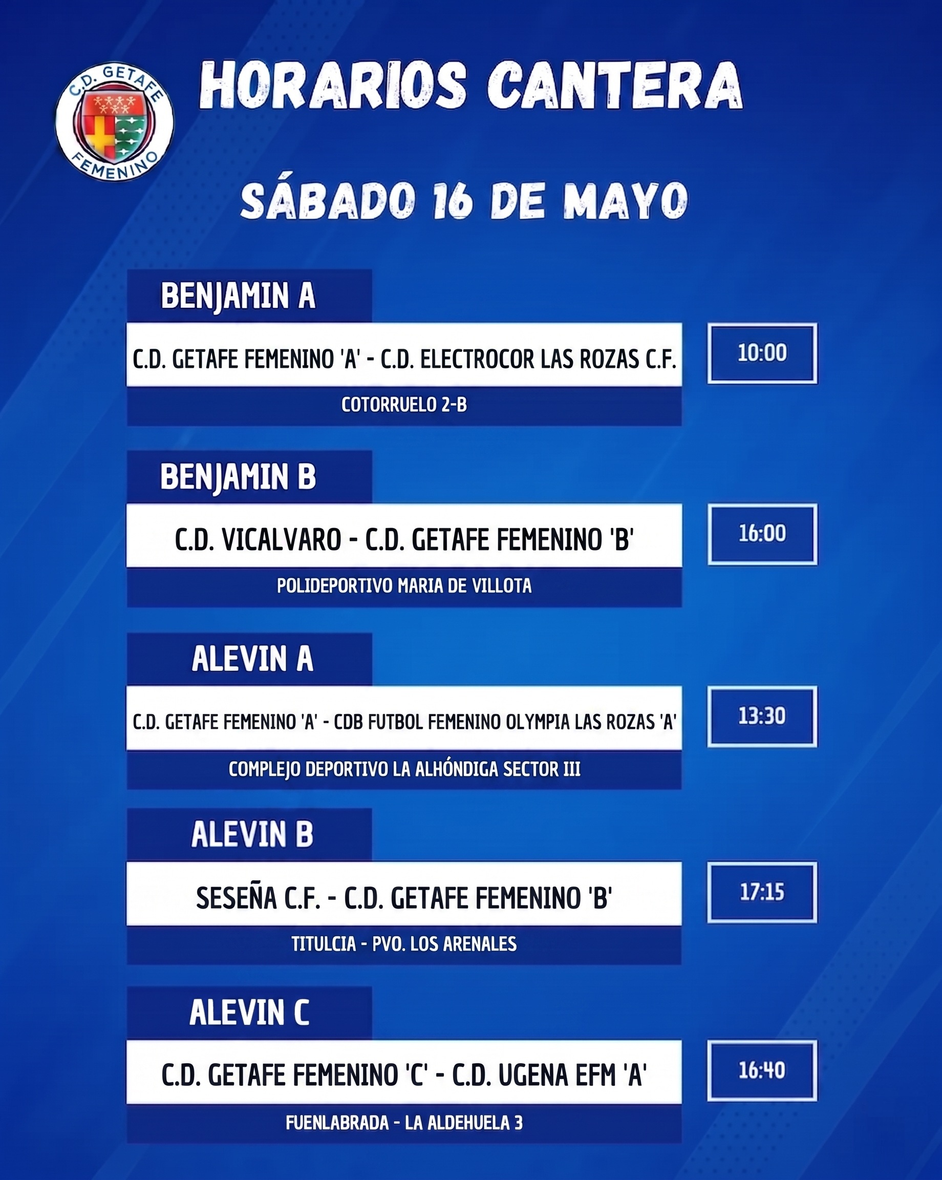 Horarios Cantera 16 mayo